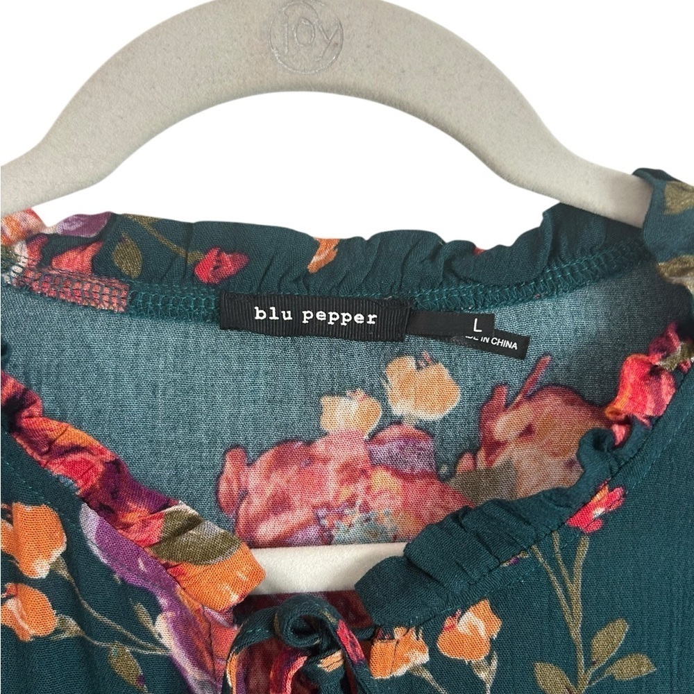 Blu Pepper Green Floral Ruffled Dress Lace Trim Bell Sleeves Womens Sz Large - Picture 6 of 14